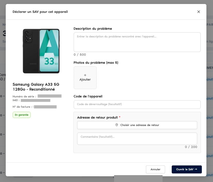 Module de declaration de SAV du CRM Phoner : appareil identifie par IMEI et numero de serie, statut sous garantie, adresse de retour