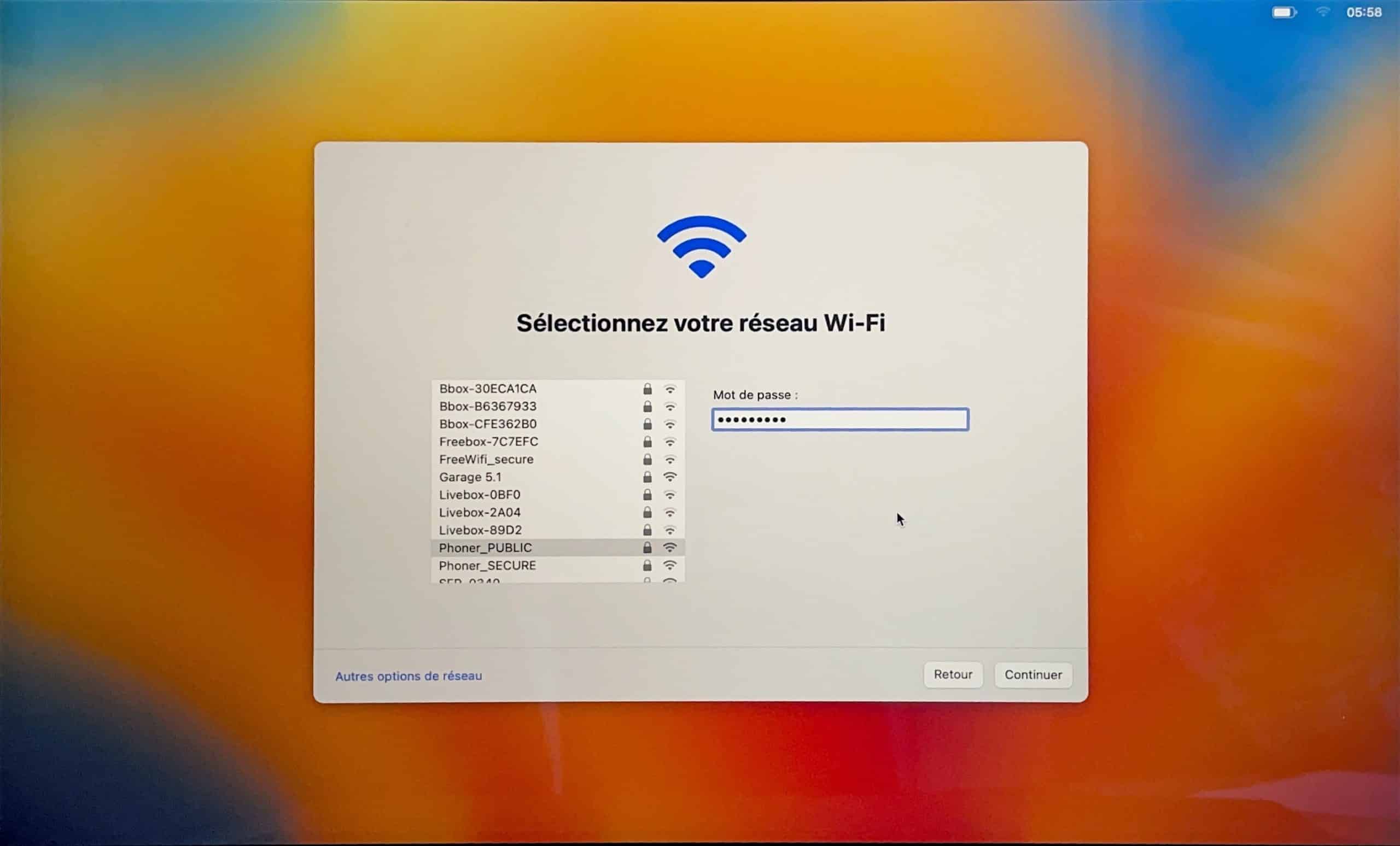Choix des différents réseau Wi-Fi