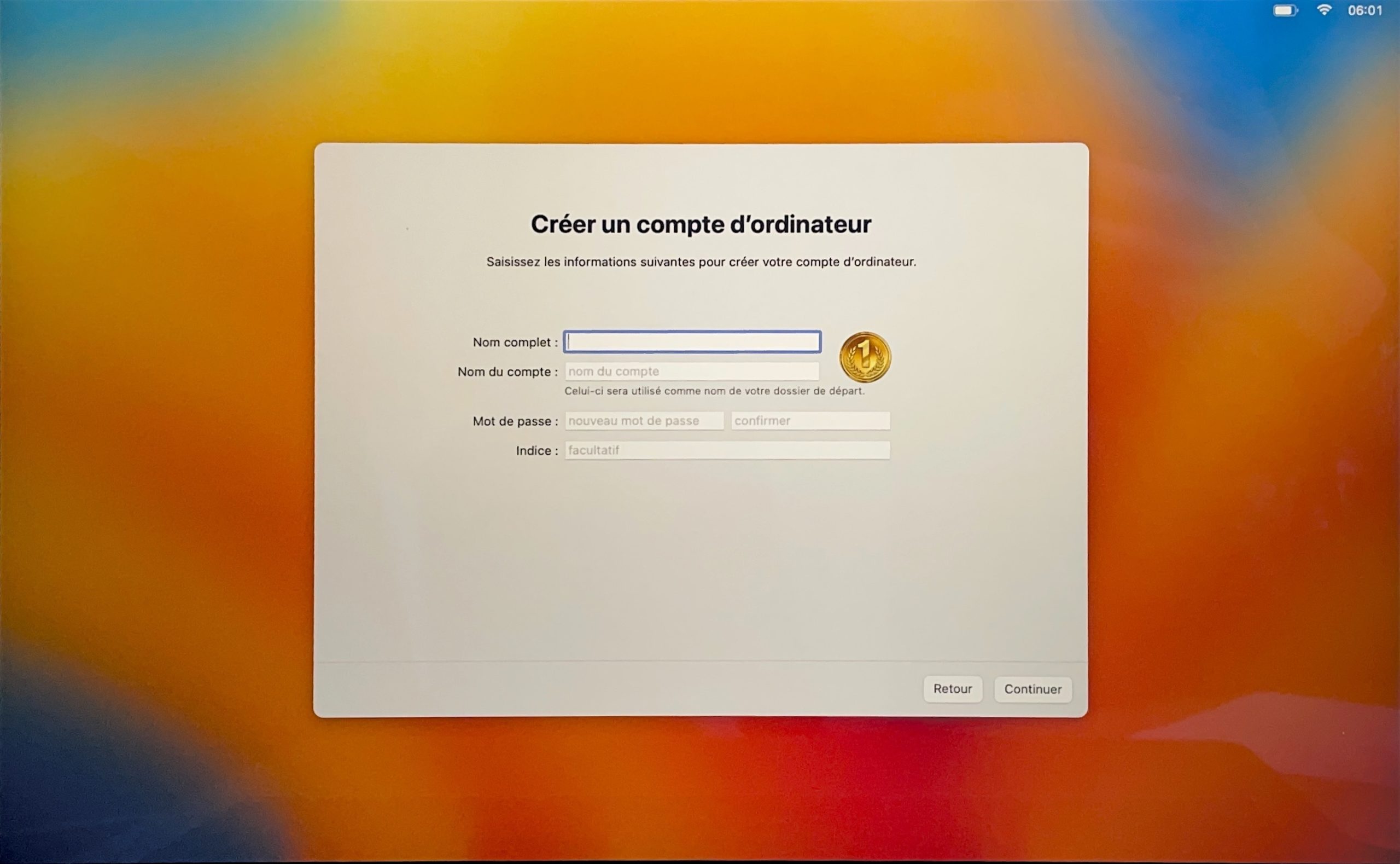 Creation du compte d'ordinateur pour le Mac