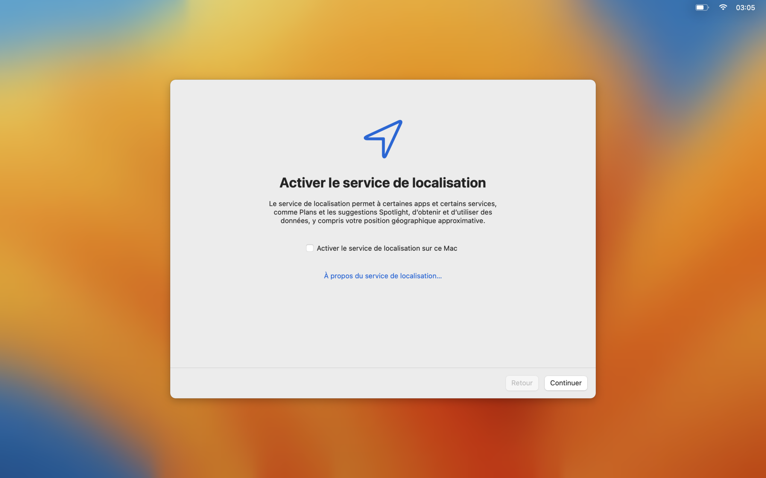 Page d'activation du service de localisation Apple